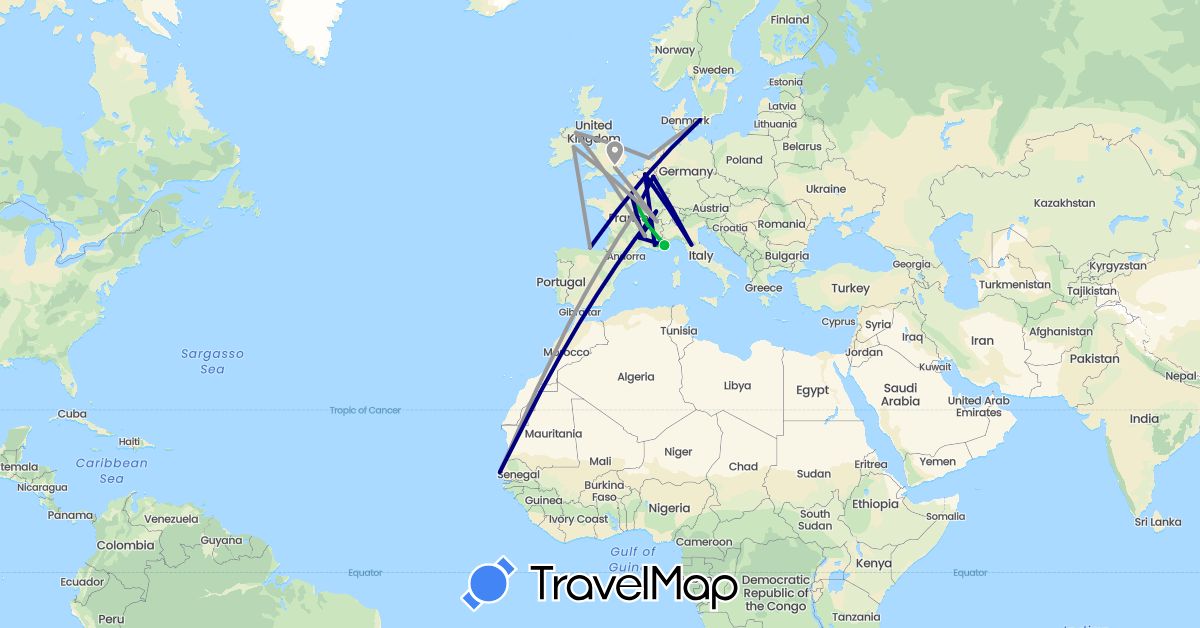 TravelMap itinerary: driving, bus, plane in Belgium, Switzerland, Denmark, Spain, France, United Kingdom, Ireland, Italy, Netherlands, Senegal (Africa, Europe)